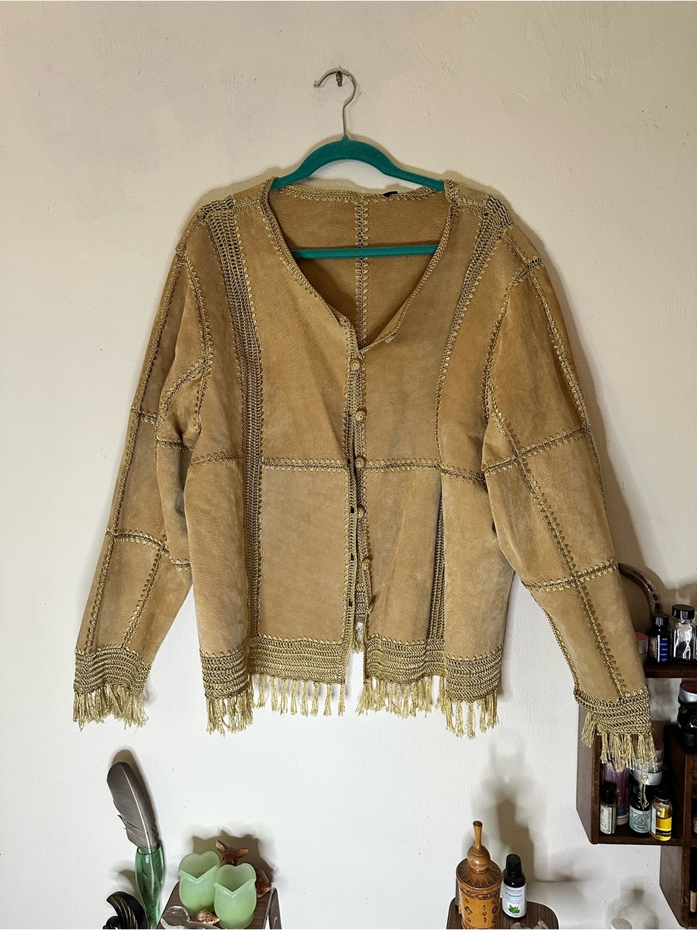 Vintage 90s Early 2000s Ashley Stewart Tan Fringe Suede Patchwork Jacket 24W